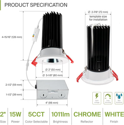 ASD Lighting LED Downlight 2INCH Changeable Round 15W CCT Selectable 2700/3000/3500/4000/5000K Dimmable, Chrome Smooth reflector, White trim, ETL Energy Star