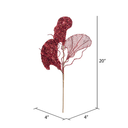 Vickerman 20" Red Fiddle Leaf GlitterArtificial Christmas Spray. Includes 3 sprays per pack.