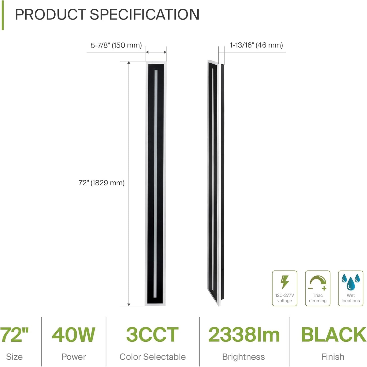 ASD Lighting LED Outdoor Wall Sconce with Center Light 72" 40W 120-277V CCT Selectable 3000/4000/5000K Dimmable Black ETL