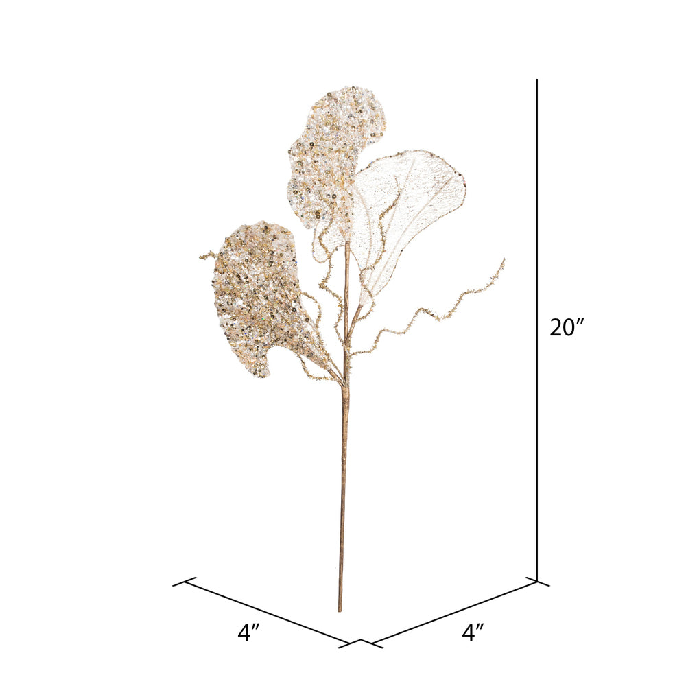 Vickerman 20" Gold Fiddle Leaf Glitter Artificial Christmas Spray. Includes 3 sprays per pack.