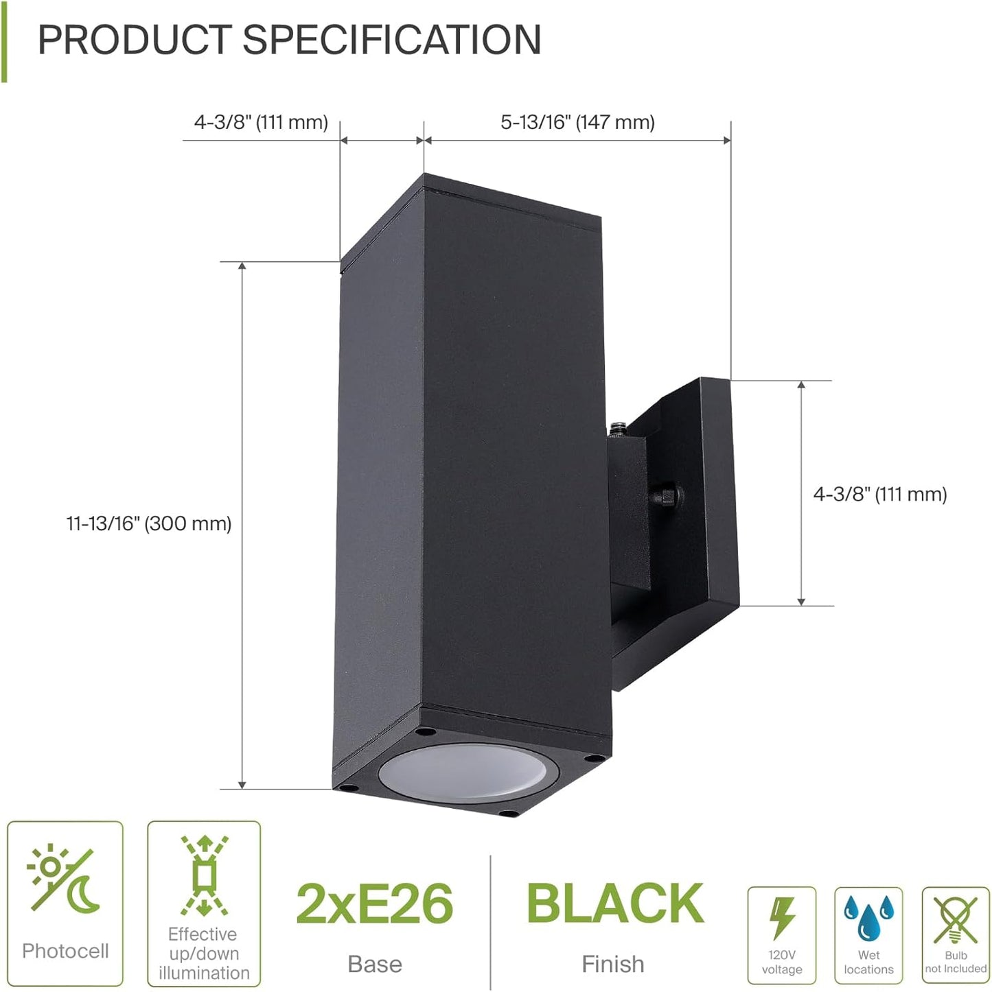 ASD Lighting BULB Square Outdoor Wall Cylinder, Up and Downlight Fixture, 120V, 40W Max, 11.81", 50°, Black Finish