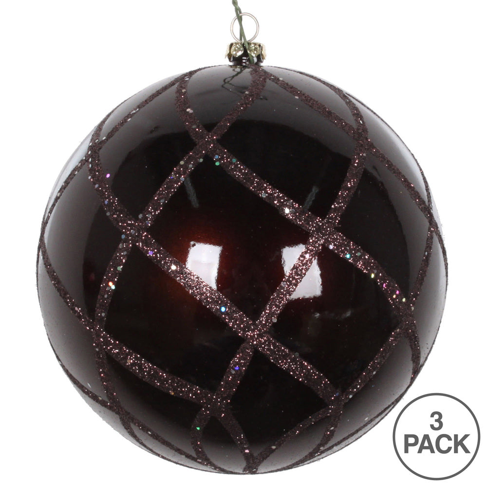 Vickerman 4.75" Chocolate Candy Finish Net Ball Ornament with Glitter Accents 3 per Bag