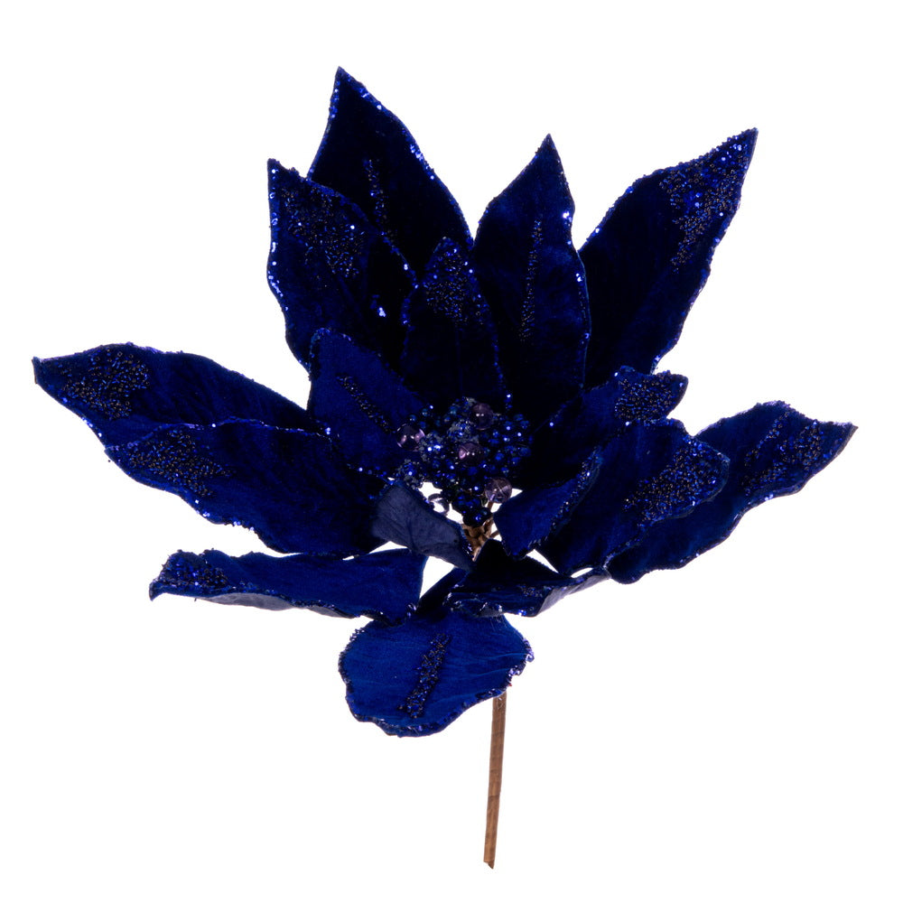 Vickerman 14" Artificial Midnight Blue Double Sided Velvet Poinsettia Christmas Pick