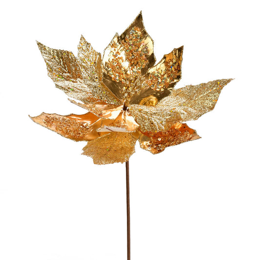 Vickerman 13" x 22" Gold Poinsettia Sequin Artificial Christmas Spray. Includes 6 sprays per pack.