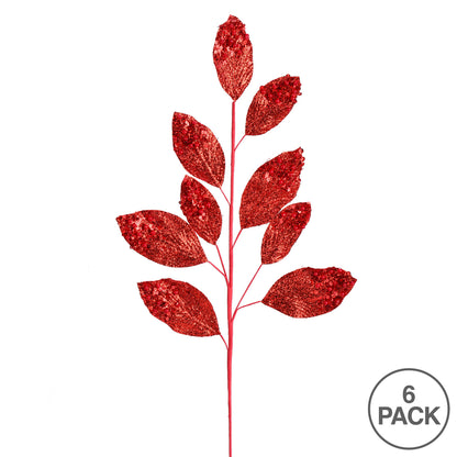 Vickerman 29" Red Glitter Leaf Artificial Christmas Spray. Includes 6 sprays per pack.