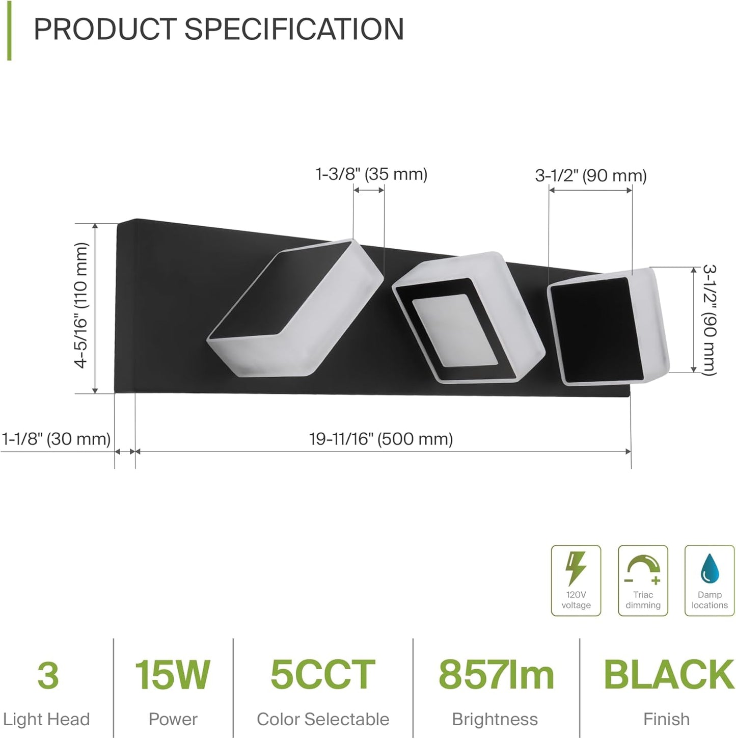 ASD Lighting LED Vanity 3-light 15W 120V with rotatable heads CCT Selectable 2700/3000/4000/5000/6000K Dimmable Black ETL