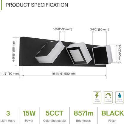 ASD Lighting LED Vanity 3-light 15W 120V with rotatable heads CCT Selectable 2700/3000/4000/5000/6000K Dimmable Black ETL
