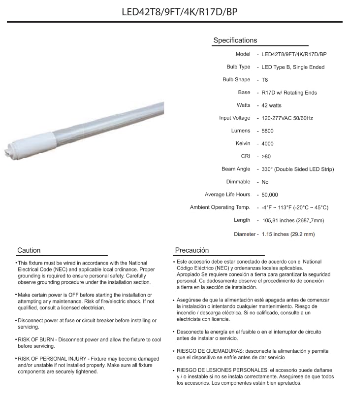 Damar- 9Ft T8 LED Tube Light Bulb Type B Ballast Bypass Single End 42W 5800 Lumens 4000K Cool White R17D Base with Rotating Ends 120-277VAC Pack of 10- Fluorescent Replacement for Garage Workshop