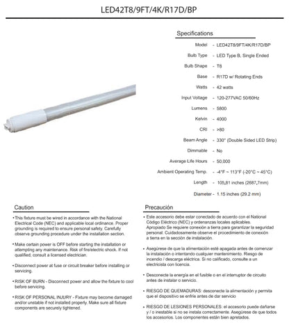 Damar- 9Ft T8 LED Tube Light Bulb Type B Ballast Bypass Single End 42W 5800 Lumens 4000K Cool White R17D Base with Rotating Ends 120-277VAC Pack of 10- Fluorescent Replacement for Garage Workshop