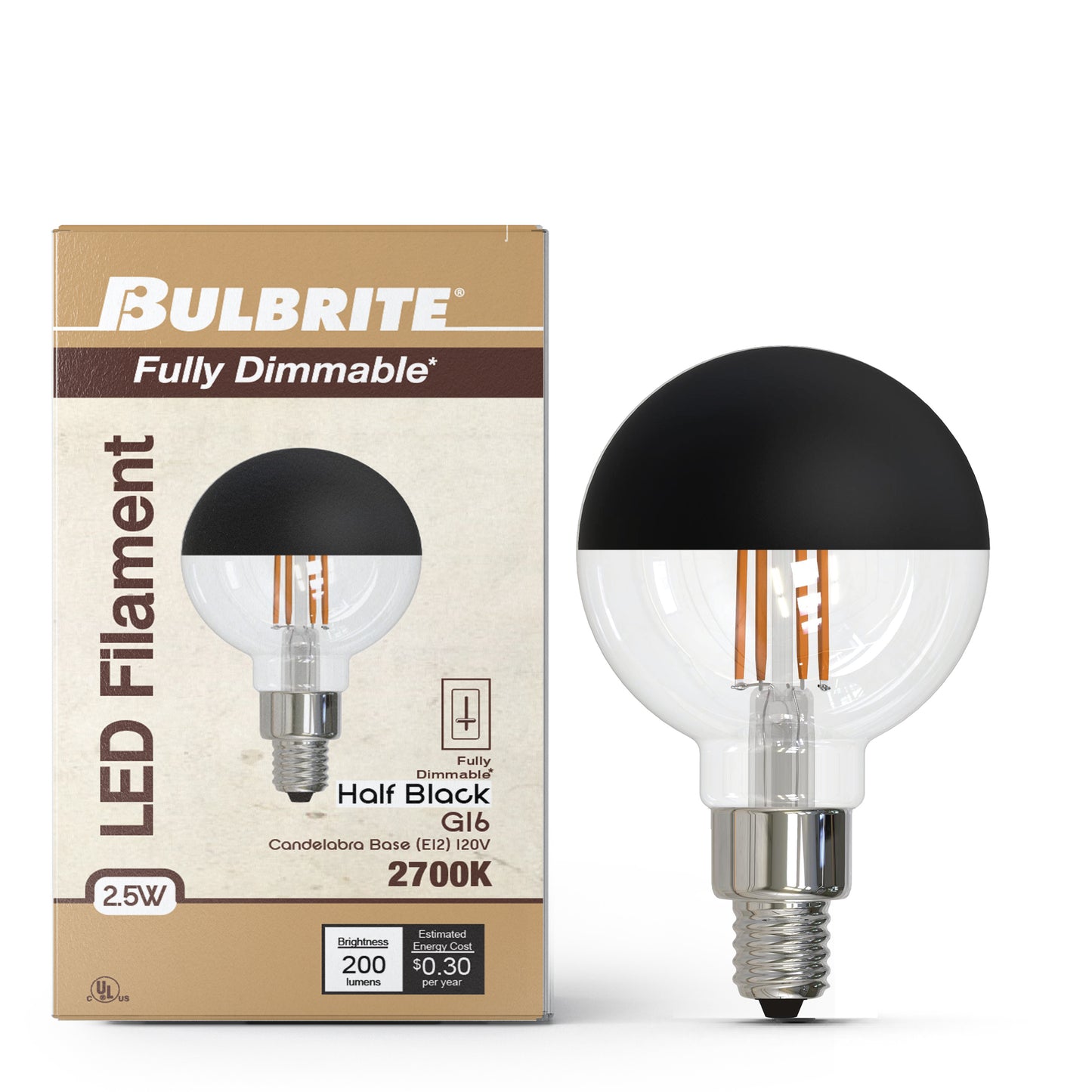 Bulbrite 776834 2.5W LED G16 2700K FILAMENT HALF BLACK E12 FULLY COMPATIBLE DIMMING