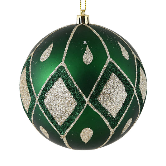 Vickerman 6" Emerald Matte Ball with Glitter Diamond Pattern. Add variety and sparkle to your holiday arrangement with this matte ornament that features a glitter pattern. Includes 3 pieces per bag. Made with shatterproof plastic. Ornament has a drilled c