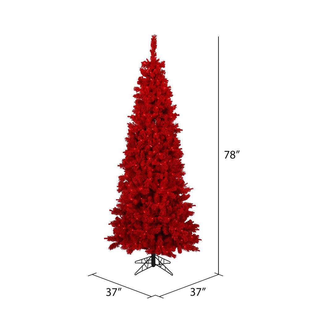 Vickerman 6.5' Flocked Red Slim Fir Artificial Christmas Tree Red Dura-lit LED Lights