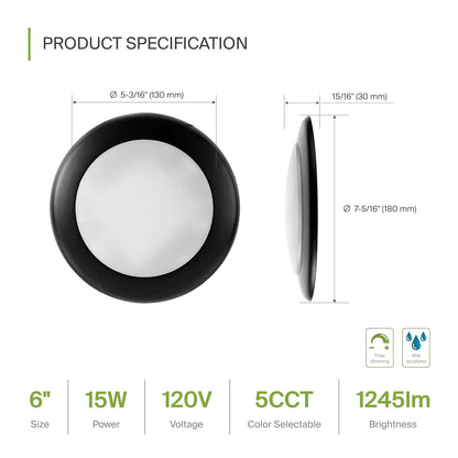 ASD Lighting LED Disk Light 6" 15W 120V CCT Selectable 2700/3000/3500/4000/5000K Dimmable Black UL Energy Star 6pack