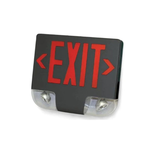 Westgate Die Cast LED Exit Sign & Adjustable LED Head Emergency Combo, SGL/DBL Face Univ. Canopy, Red Letters, Black Face Pannel & Housing, LED Exit & Emergency Lighting, 3W Per Head