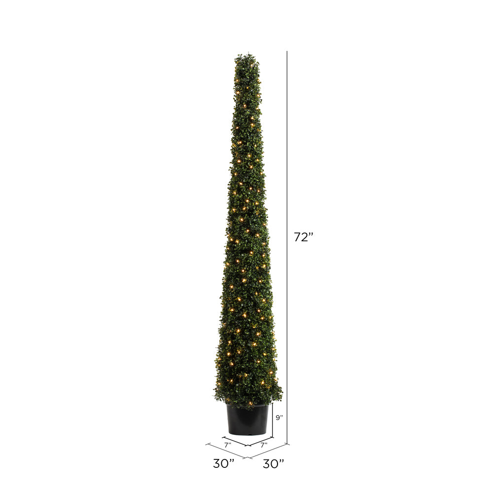 Vickerman 6' Potted Artificial Boxwood Cone with 200 Warm White LED Lghts.