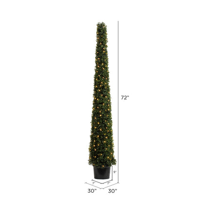 Vickerman 6' Potted Artificial Boxwood Cone with 200 Warm White LED Lghts.