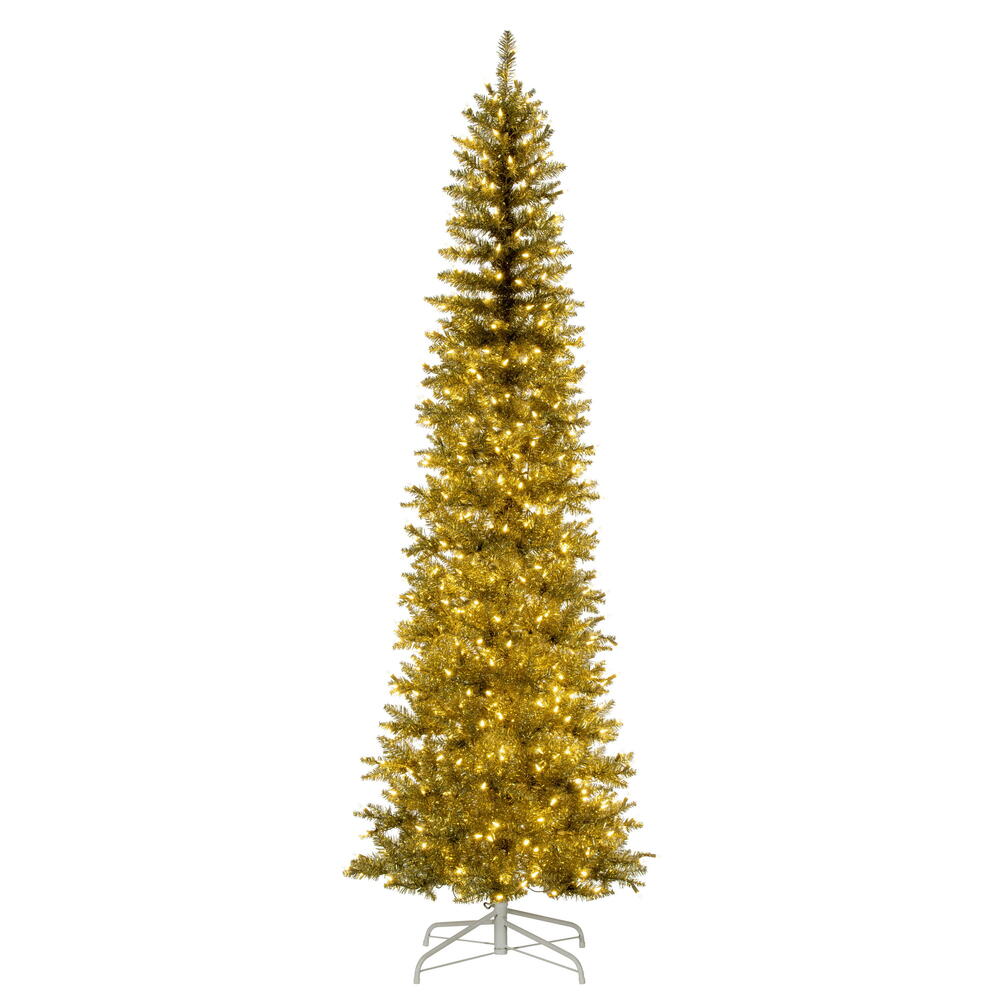 Vickerman 9.5' x 42" Champagne Pencil Artificial Pre-Lit Christmas Tree with 700 Dura-Lit® Warm White LED Mini Lights. It measures 114 inches tall, and 28 inches wide, which is considered a pencil profile. This tree boasts 1700 tips for a realistic look.