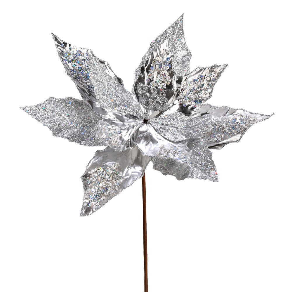 Vickerman 13" x 22" Silver Poinsettia Sequin Artificial Christmas Spray. Includes 6 sprays per pack.