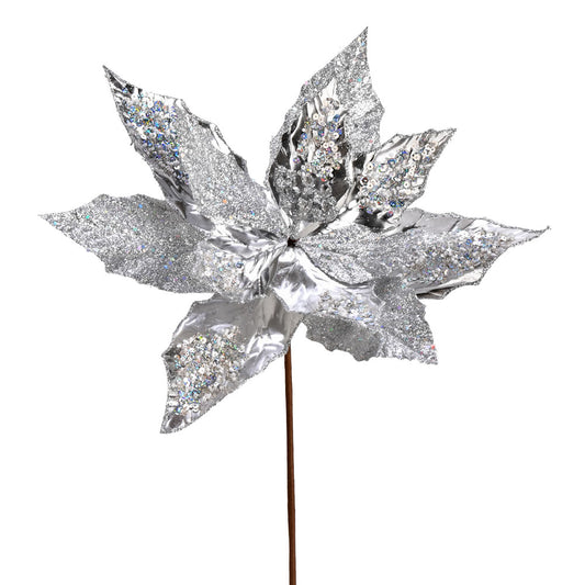 Vickerman 13" x 22" Silver Poinsettia Sequin Artificial Christmas Spray. Includes 6 sprays per pack.
