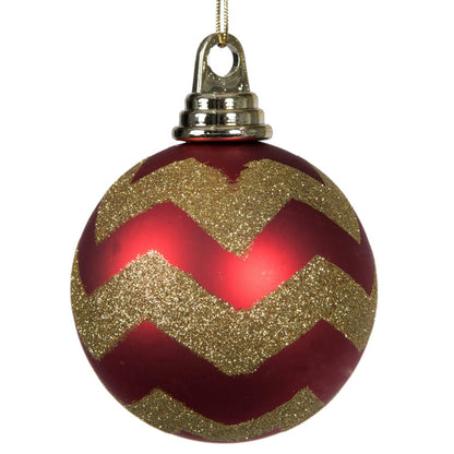 Vickerman 4" Red and Gold Matte Chevron Ball Christmas Ornament with Glitter Accents 4 per Box