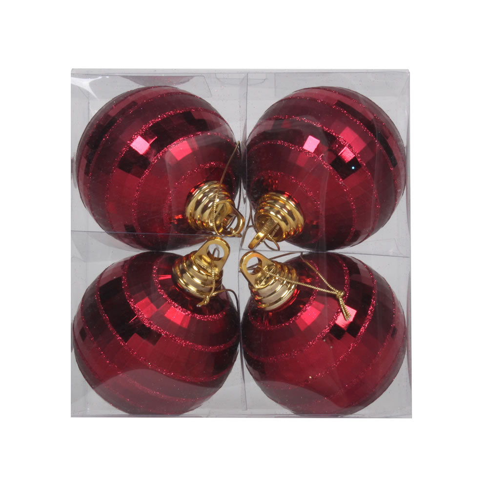 Vickerman 4" Burgundy Shiny and Matte Mirror Ball Christmas Ornament with Glitter Accents 4per Box