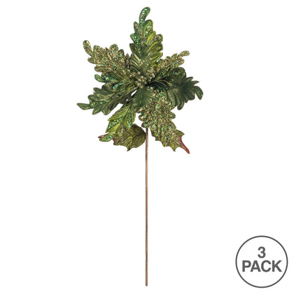 Vickerman 20" Green Glitter Poinsettia Artificial Christmas Stem Pack of 3