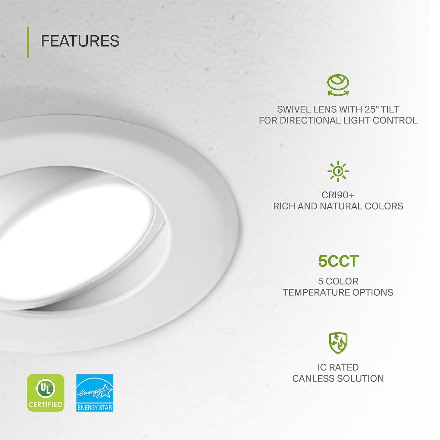 ASD Lighting LED Round Recessed Mini Panel Gimbal 4" 12W 120V Dimmable CCT Selectable 2700/3000/3500/4000/5000K White UL Energy Star 6pack