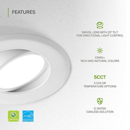 ASD Lighting LED Round Recessed Mini Panel Gimbal 4" 12W 120V Dimmable CCT Selectable 2700/3000/3500/4000/5000K White UL Energy Star 6pack