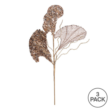 Vickerman 20" Chocolate Fiddle Leaf Glitter Artificial Christmas Spray. Includes 3 sprays per pack.