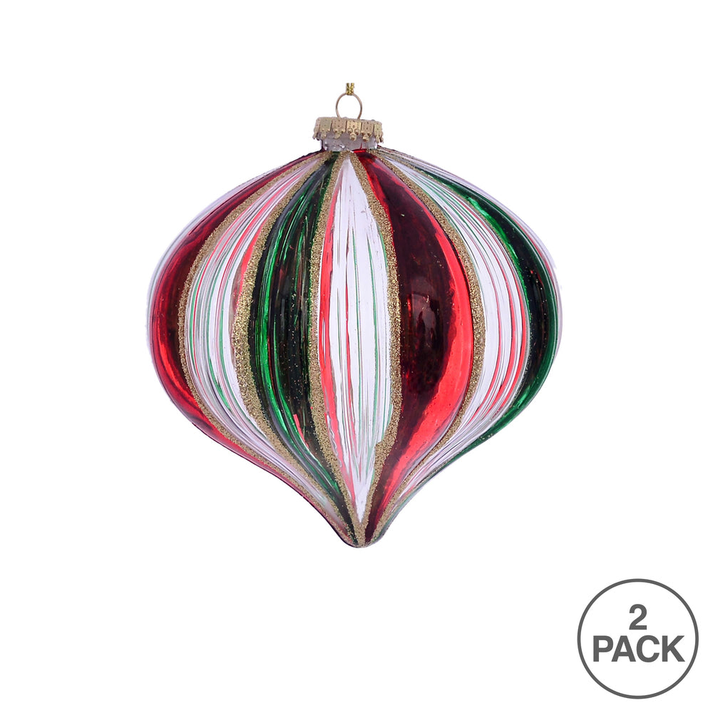 Vickerman 6" Red Green Clear Stripe Onion Christmas Ornament Pack of 2