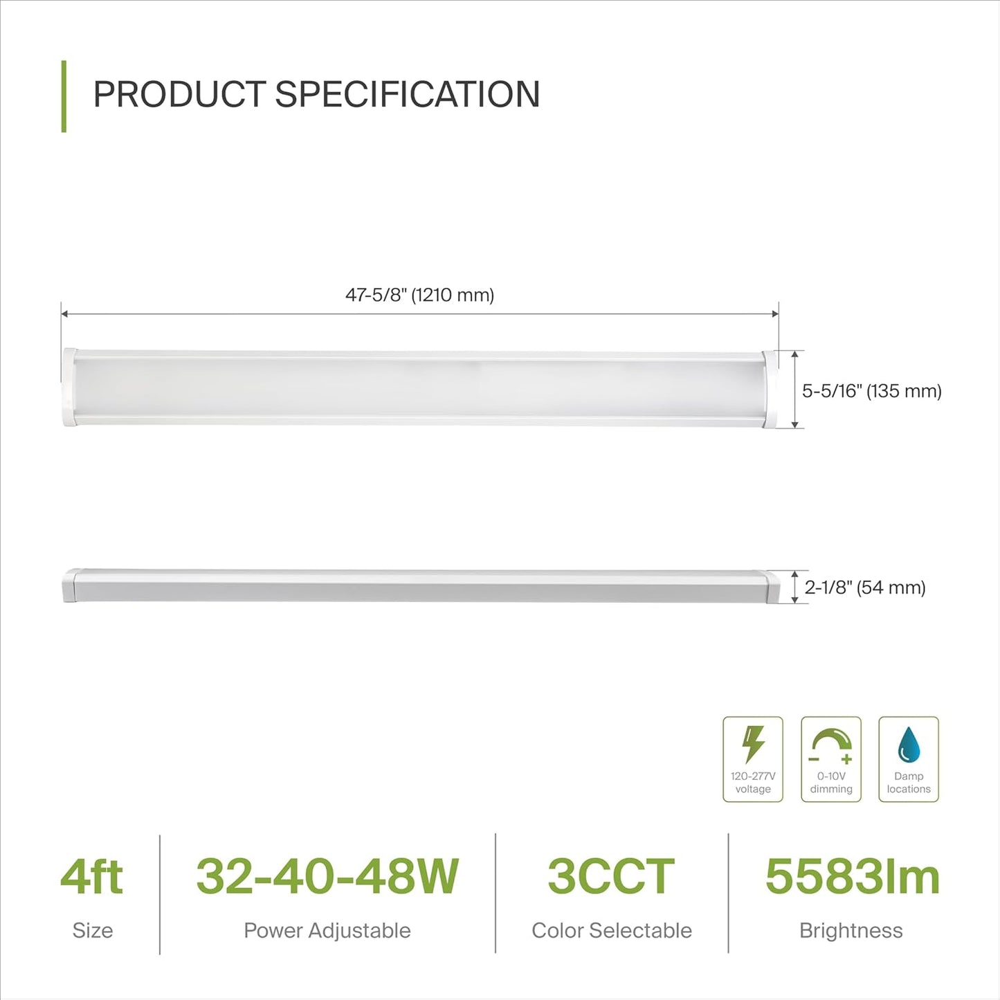 ASD Lighting LED Wrap Fixture 4ft 32/40/48W 120-277V 0-10V Dimmable 120Lm/W 3500/4000/5000K White UL DLC Standard