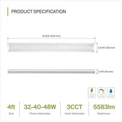 ASD Lighting LED Wrap Fixture 4ft 32/40/48W 120-277V 0-10V Dimmable 120Lm/W 3500/4000/5000K White UL DLC Standard