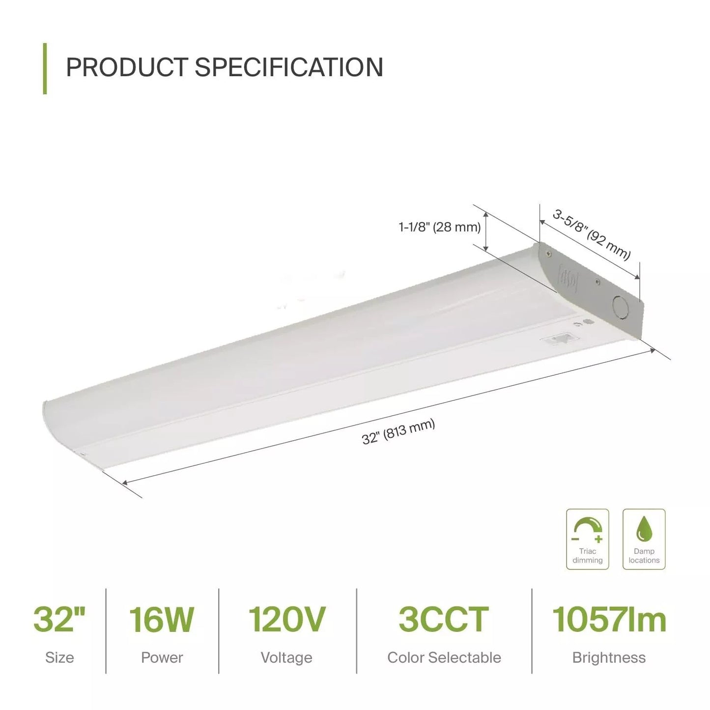 ASD Lighting LED Under Cabinet Bullnose 32" 16W 120V Dimmable CCT Selectable 3000/4000/5000K Hardwired, On/Off Switch, White ETL Energy Star