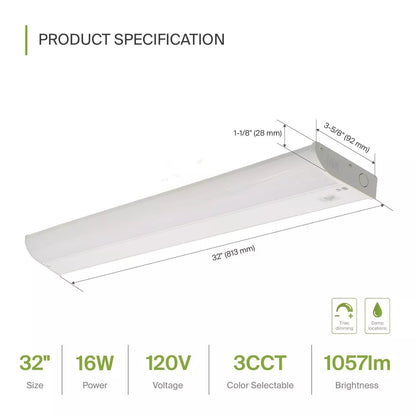 ASD Lighting LED Under Cabinet Bullnose 32" 16W 120V Dimmable CCT Selectable 3000/4000/5000K Hardwired, On/Off Switch, White ETL Energy Star