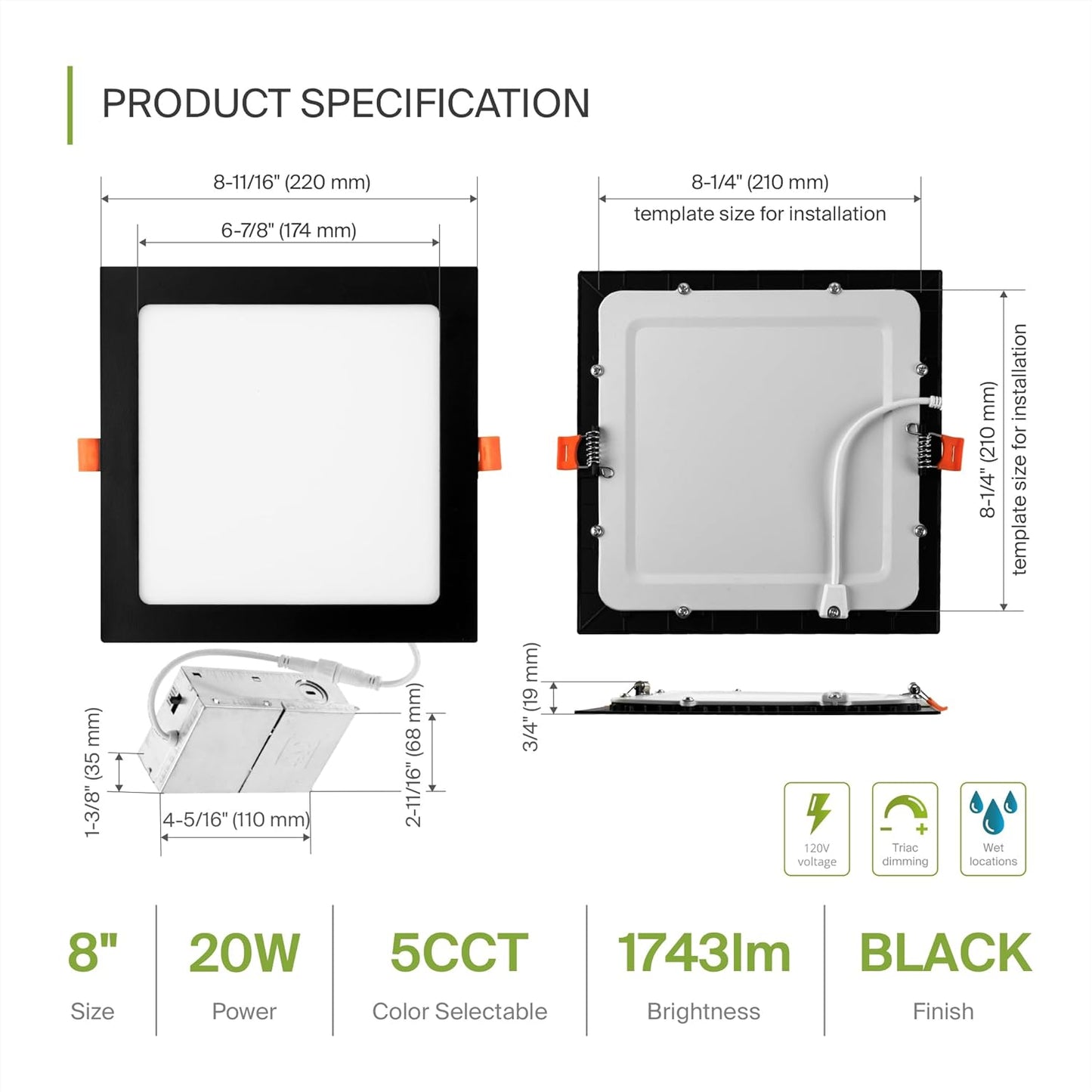 ASD Lighting LED Recessed Mini Panel Square 8inch 20W 120V Triac 2700/3000/3500/4000/5000K Black UL Energy Star
