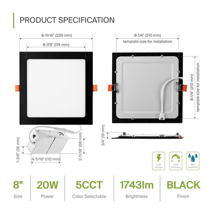 ASD Lighting LED Recessed Mini Panel Square 8inch 20W 120V Triac 2700/3000/3500/4000/5000K Black UL Energy Star