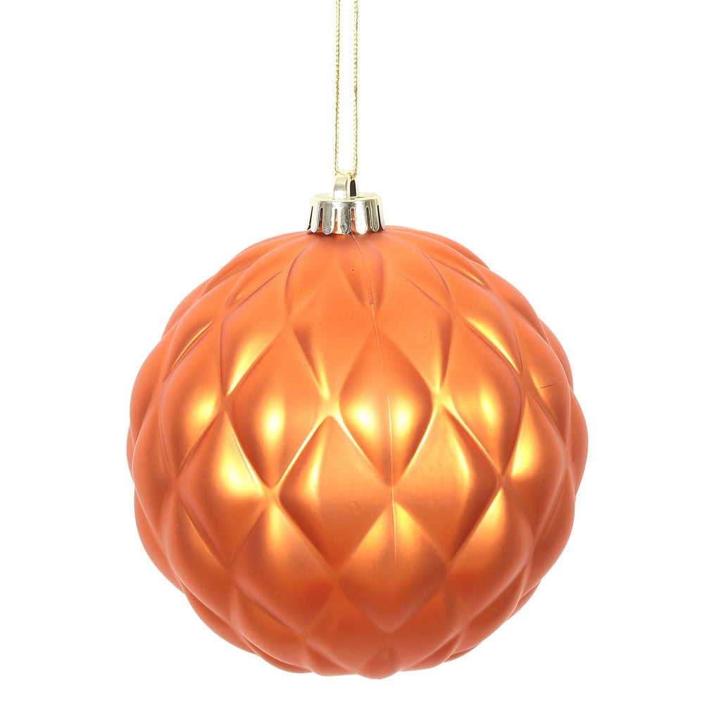 Vickerman 6" Burnished Orange Matte Round Pine Cone Ornament with drilled and wired caps. Comes 4 per Bag.