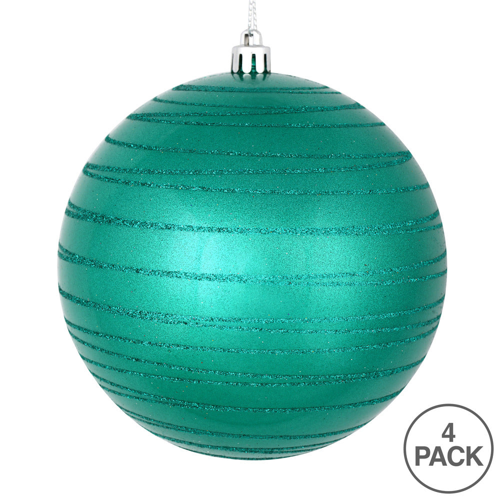 Vickerman 4.75" Teal Candy Finish Ball Ornament with Glitter Lines 4 per Bag