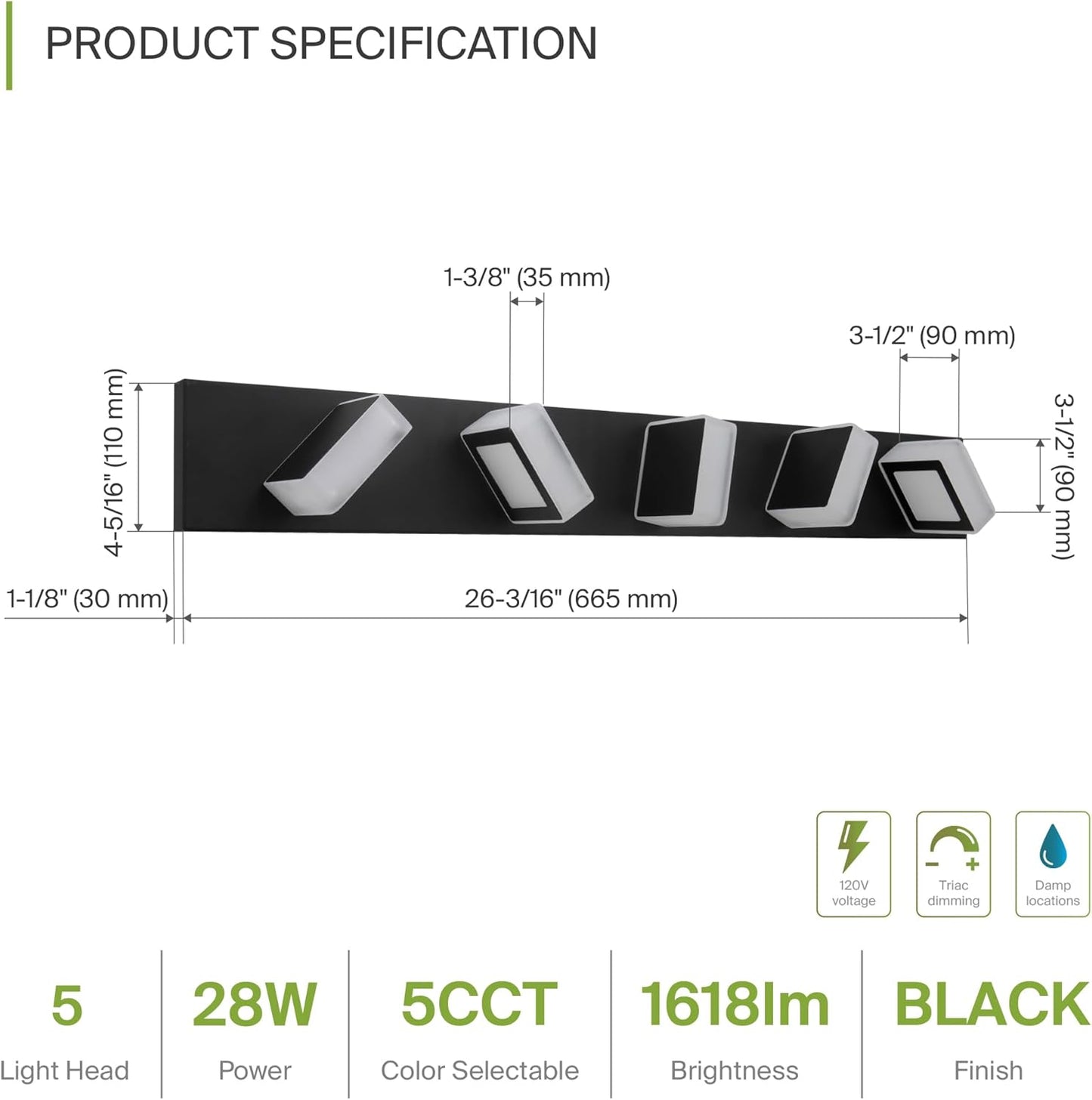 ASD Lighting LED Vanity 5-light 28W 120V with rotatable heads CCT Selectable 2700/3000/4000/5000/6000K Dimmable Black ETL