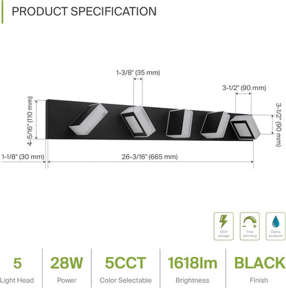 ASD Lighting LED Vanity 5-light 28W 120V with rotatable heads CCT Selectable 2700/3000/4000/5000/6000K Dimmable Black ETL