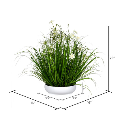Vickerman 25" Artificial Potted Cream Cosmos and Green Grass in White Plastic Pot.