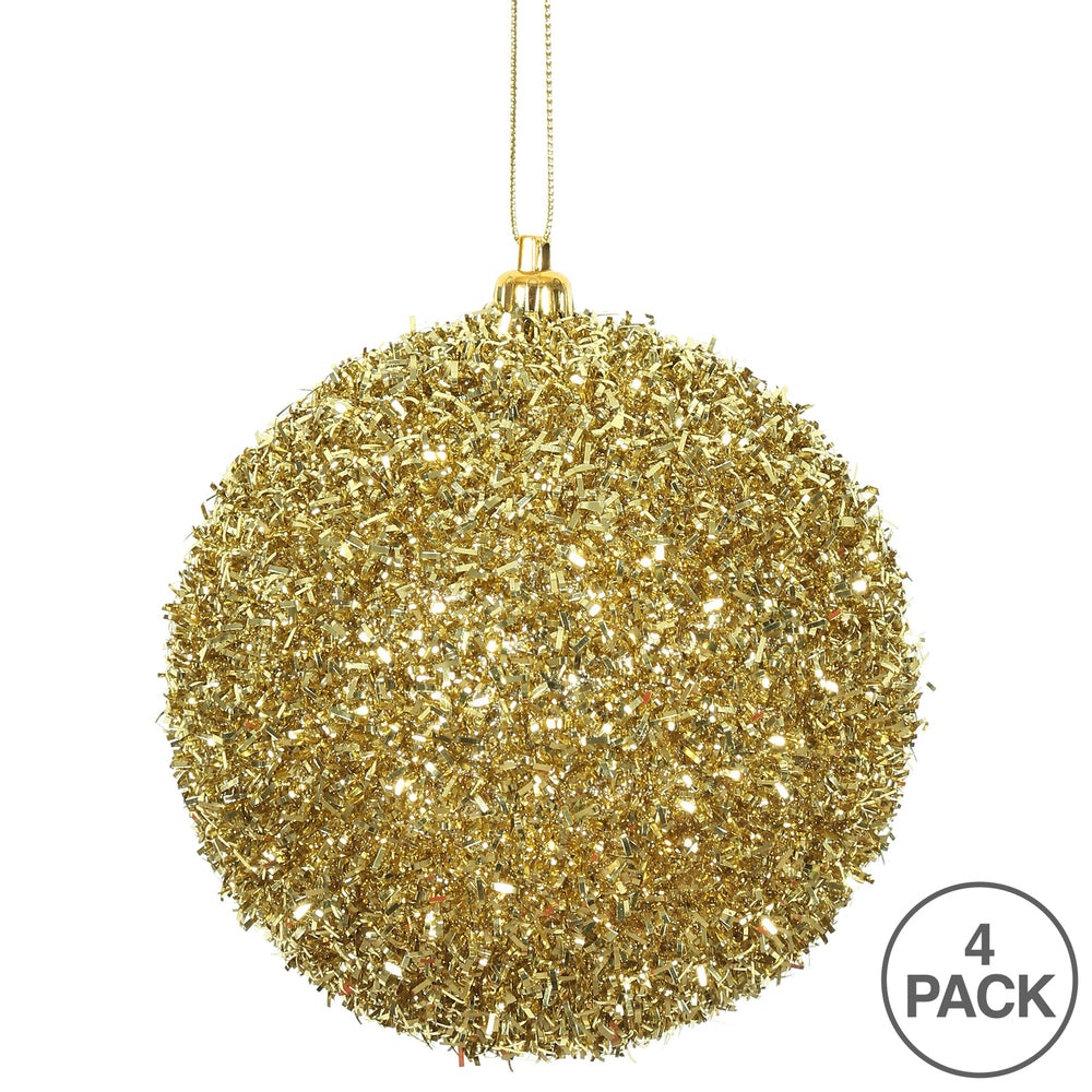 Vickerman 4" Gold Tinsel Ball Ornament 4 per Bag