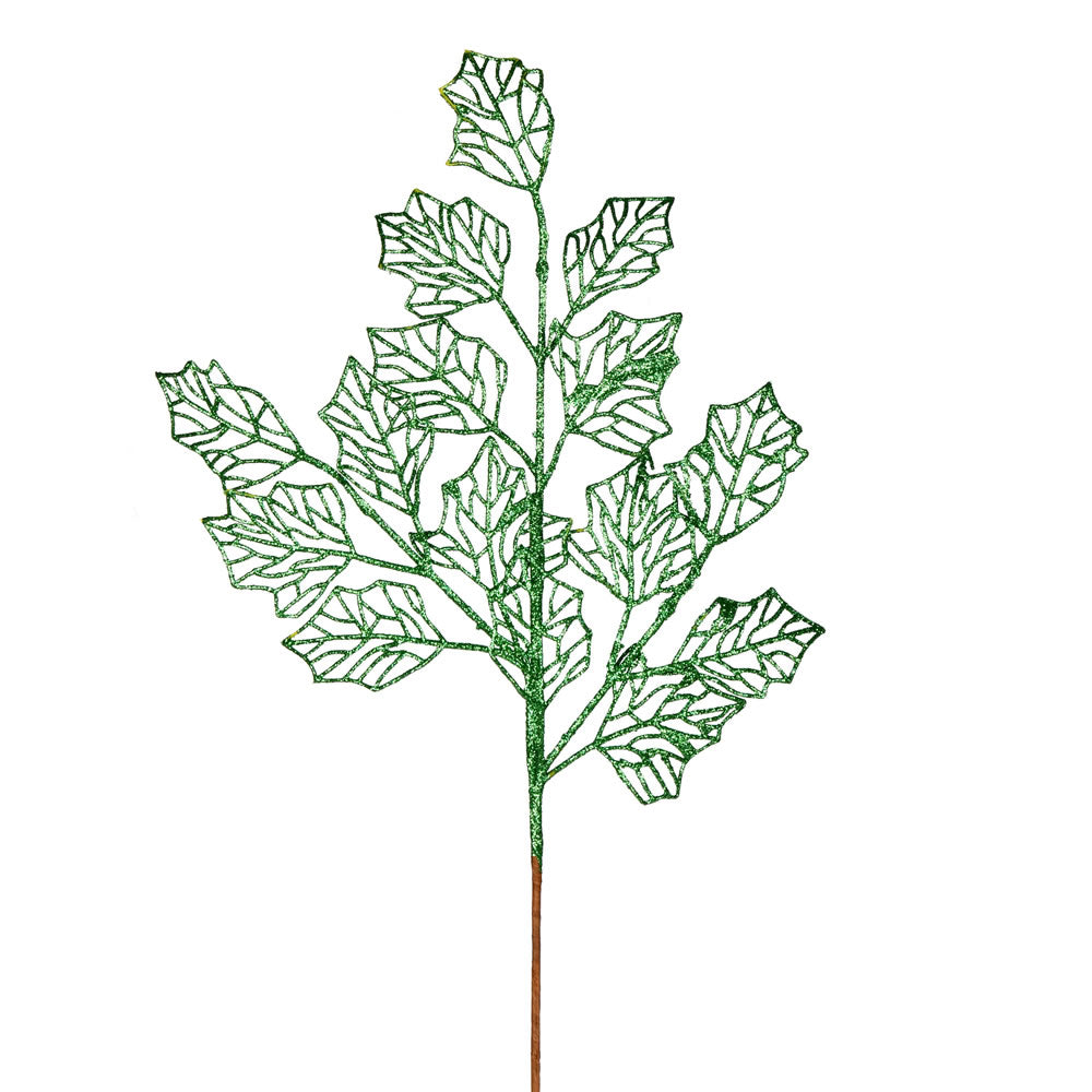 Vickerman 21" Green Glitter Holly Leaf Lace Artificial Christmas Spray. Includes 12 sprays per pack.