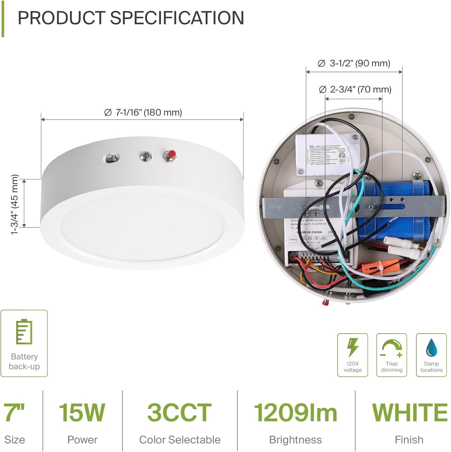 ASD Lighting LED Round Surface Mini Panel 7" 15W 120V CCT Selectable 3000/4000/5000K Dimmable with Battery back-up 6W White ETL