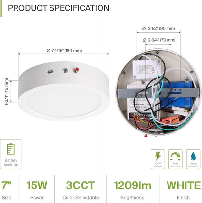 ASD Lighting LED Round Surface Mini Panel 7" 15W 120V CCT Selectable 3000/4000/5000K Dimmable with Battery back-up 6W White ETL
