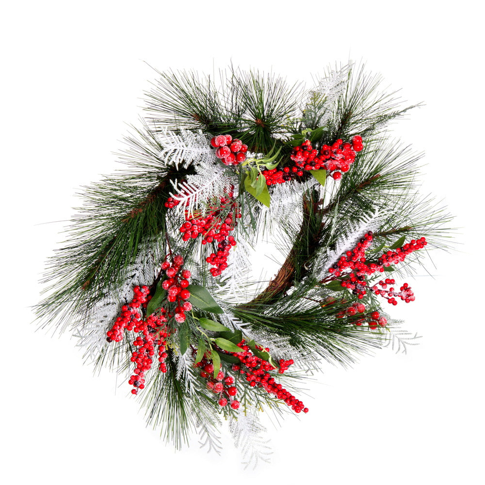 Vickerman 24" Frosted Artificial Christmas Wreath with 31 PE/Hardneedle Tips and Decorated with Red Berries and Green and Frosted Foliage