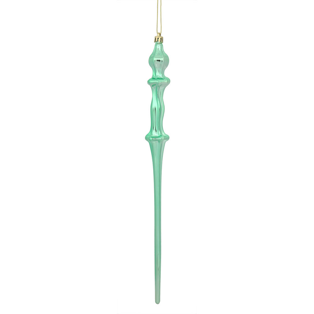 Vickerman 15.7" Seafoam Shiny Icicle Ornament with drilled and wired caps. Comes 3 per Box.