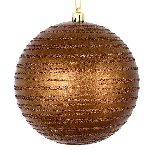 Vickerman 4" Mocha Candy Finish Ball Ornament with Glitter Lines 4 per Bag