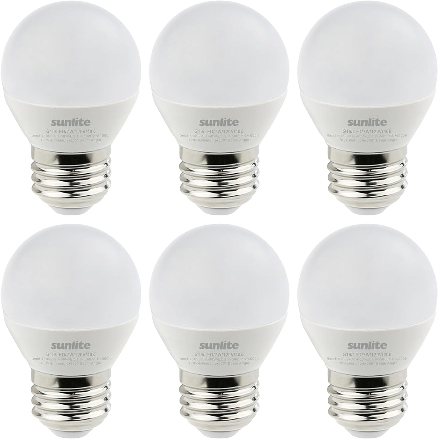 Sunlite LED G16 Decorative Frosted Globe Light Bulb, 7 Watts (60W Equivalent), 500 Lumens, Dimmable, Medium E26 Base, 120 Volts, ETL Listed, 260 Degree Beam Angle, 4000K Cool White, 6 Pack