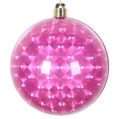 Vickerman 6" Cerise Glitter Reflector Ornament 2/Bag. These ornaments feature a reflective effect with a glitter stripe accent. They are the perfect addition to any holiday decorating project. Includes 2 pieces per pack.